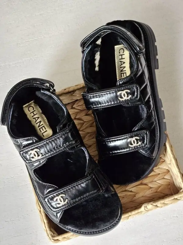 Chanel Dad Sandals Black Patent Leather